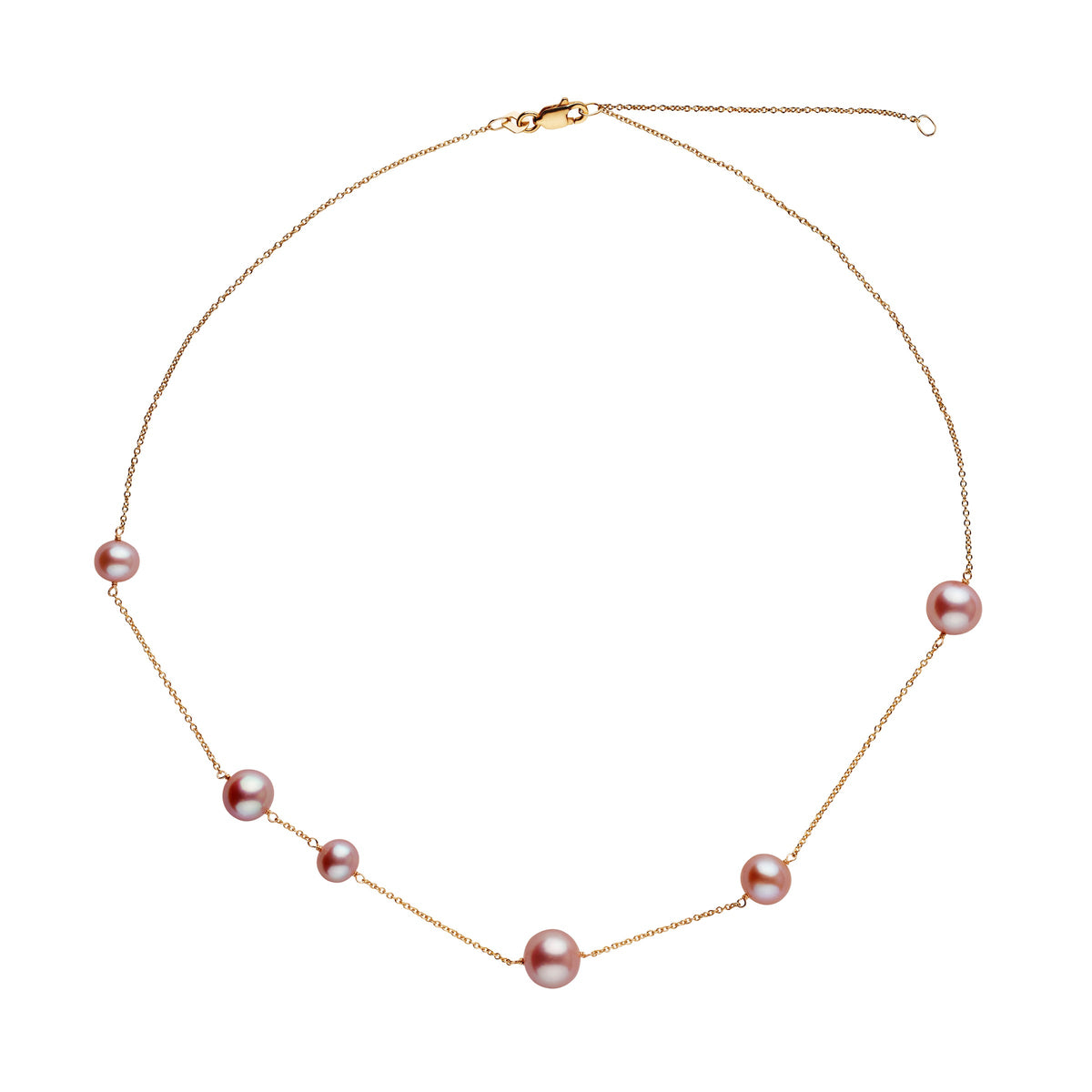 Luna Collection Lavender Freshadama Pearl Necklace with delicate gold chain featuring six evenly spaced natural lavender freshwater pearls for an elegant and refined look.