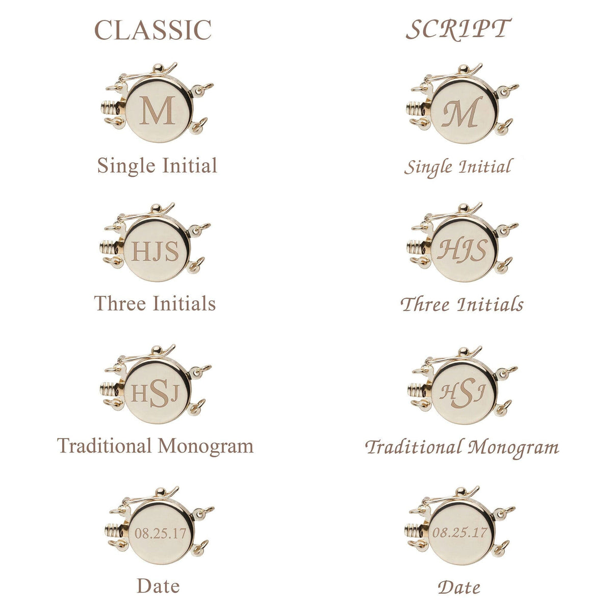 Personalized 7.5-8.0 mm AAA White Freshwater Pearl Double Strand Circle Clasp Bracelet showing engraving styles including classic and script options for initials, monograms, and dates on the clasp.