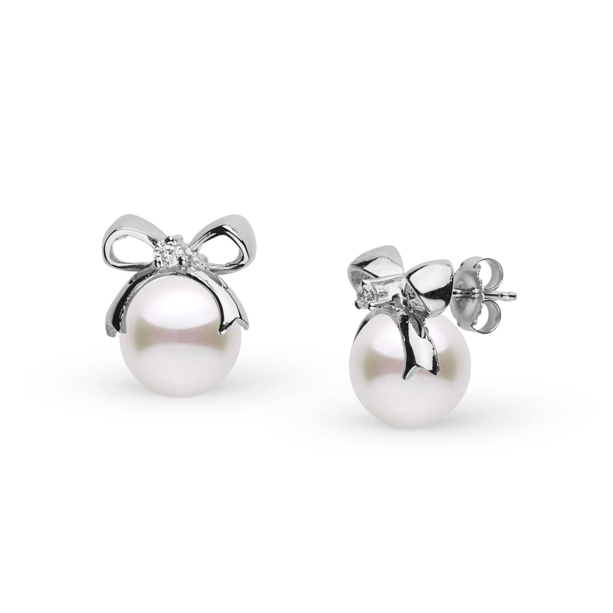 Perfect Gift Collection 7.0-7.5 mm Akoya Pearl and Diamond Earrings featuring lustrous white Akoya pearls set with delicate diamond accents and elegant 14K white gold bow designs.
