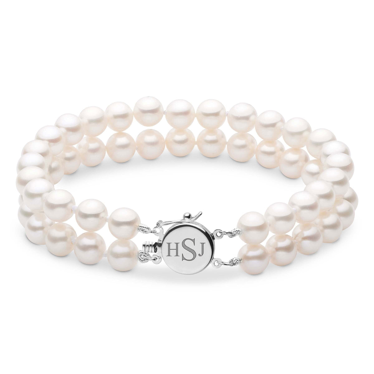 Personalized 7.5-8.0 mm AAA White Freshwater Pearl Double Strand Circle Clasp Bracelet featuring lustrous white pearls and a polished 14K white gold circle clasp with monogram engraving.