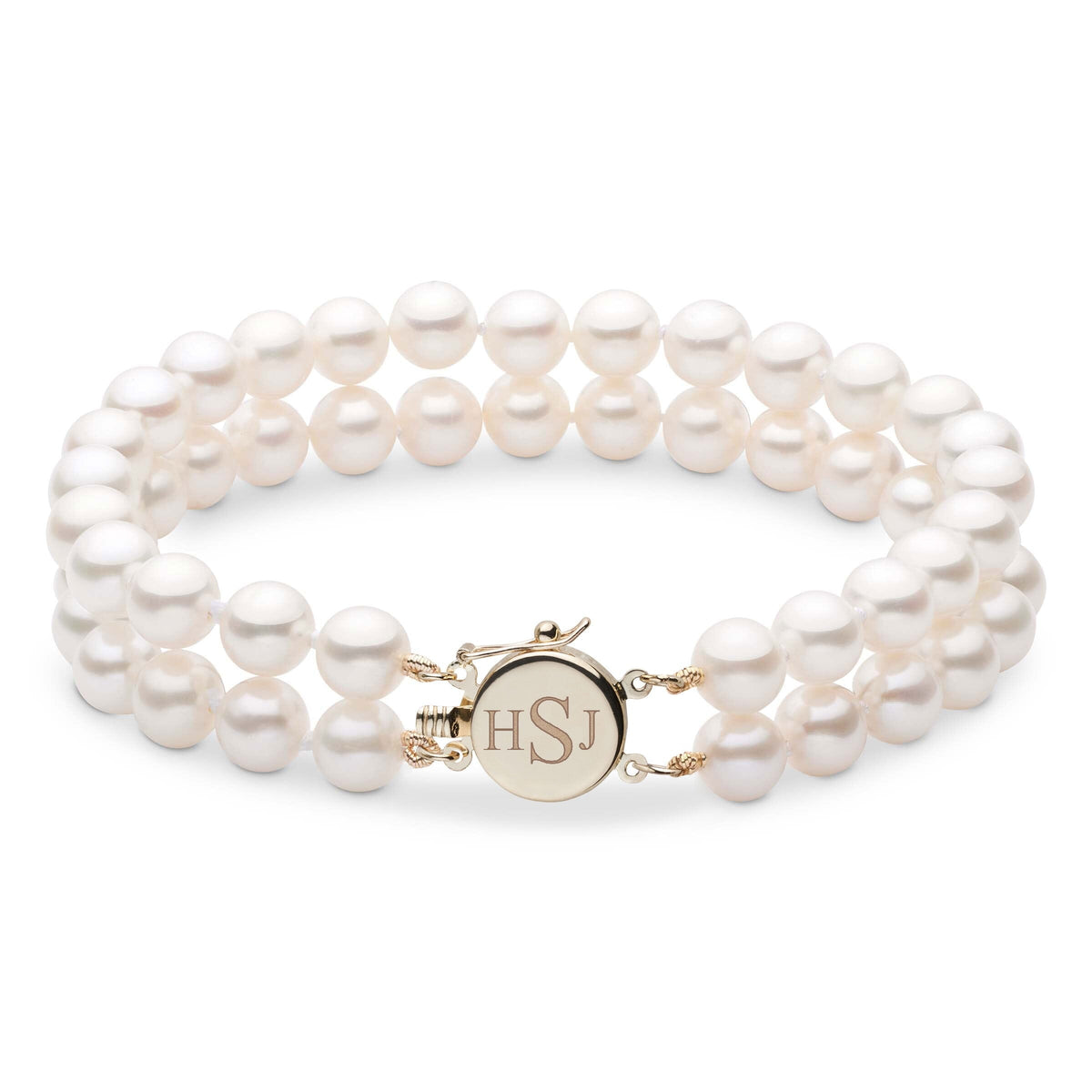 Personalized 7.5-8.0 mm AAA White Freshwater Pearl Double Strand Circle Clasp Bracelet featuring lustrous round white pearls and a gold circle clasp engraved with initials.