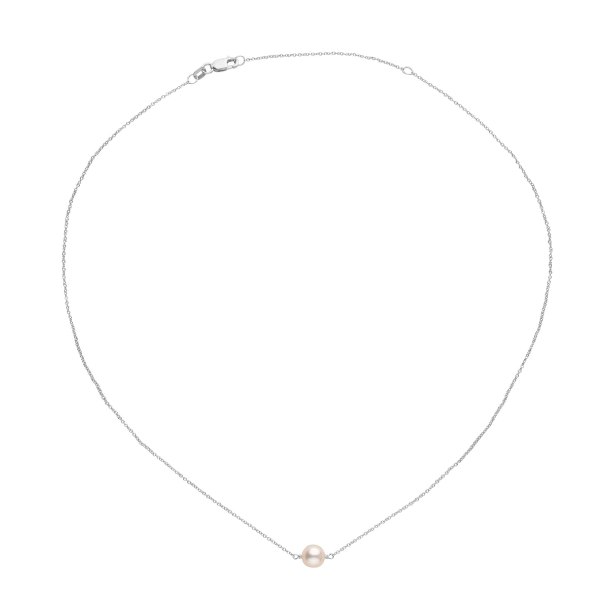 Delicate white pearl set on a fine white gold chain, showcasing the elegant 8.5-9.0 mm Akoya Pearl Solitaire Pendant with a luminous finish and classic design.