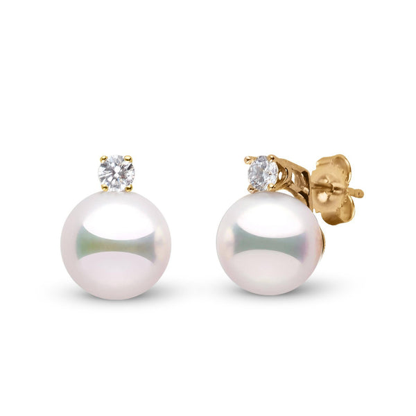 Starlight Collection 9.0-9.5 mm White Hanadama Pearl and Diamond Stud Earrings yellow gold
