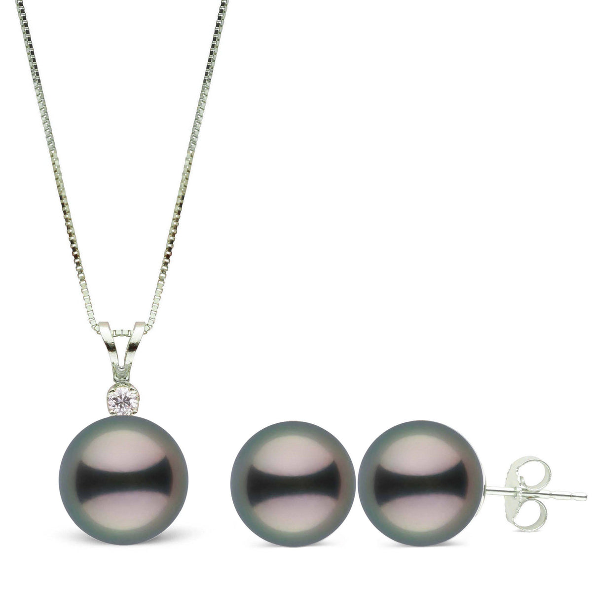 Harmony Collection 9.0-10.0 mm Tahitian Pearl and Diamond Pendant & Stud Earrings Set featuring lustrous black pearls paired with sparkling diamonds on elegant white gold settings.