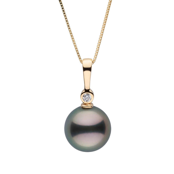 8.0-9.0 mm Tahitian Pearl and Diamond Aspire Collection Pendant featuring a lustrous black Tahitian pearl with a sparkling diamond set in yellow gold on a delicate chain.