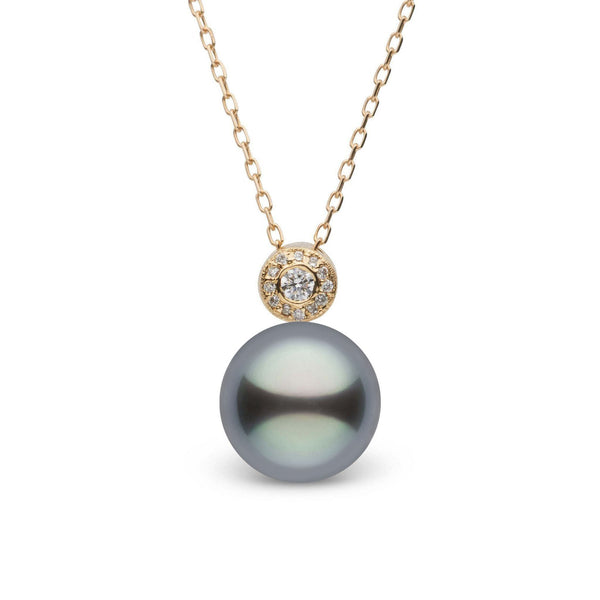 Aura Collection 10.0-11.0 mm Tahitian Pearl and Diamond Pendant featuring a lustrous dark Tahitian pearl accented with a round diamond halo set in yellow gold on a delicate chain.