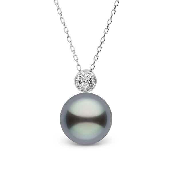 Aura Collection 11.0-12.0 mm Tahitian Pearl and Diamond Pendant featuring a single dark Tahitian pearl with subtle iridescence, suspended from a delicate chain with a sparkling diamond accent.