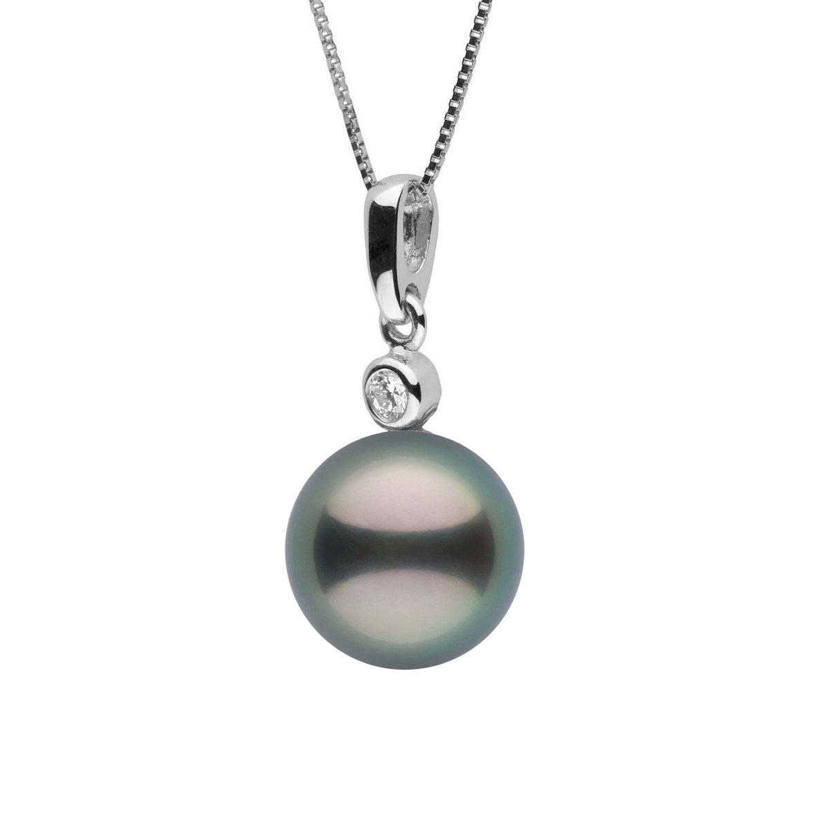 Brilliant Collection 8.0-9.0 mm Tahitian Pearl and Diamond Pendant featuring a lustrous dark Tahitian pearl accented with a small sparkling diamond on a delicate white gold chain.