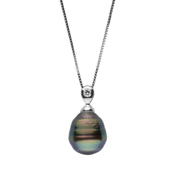 Dew Collection 9.0-10.0 mm Tahitian Baroque Pearl and Diamond Pendant featuring an iridescent black pearl with a single sparkling diamond set in white gold on a delicate chain.