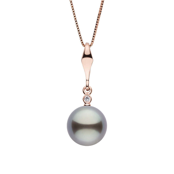 Essential Collection 9.0-10.0 mm Tahitian Pearl and Diamond Pendant featuring a lustrous black Tahitian pearl set in a rose gold setting with a single diamond accent on a delicate chain.
