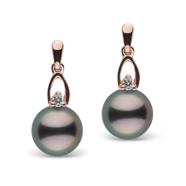 Juliet Collection 8.0-9.0 mm Tahitian Pearl and Diamond Earrings featuring round black Tahitian pearls with diamond accents set in rose gold, elegant and timeless pearl earrings.
