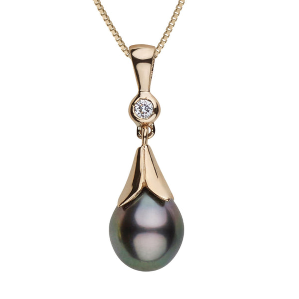 Lilium Collection 9.0-10.0 mm Tahitian Drop Pearl and Diamond Pendant featuring a lustrous dark Tahitian pearl set in a gold setting with a sparkling diamond accent on a fine gold chain.
