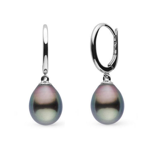 Solid Eternal Collection 9.0-10.0 mm Tahitian Drop Pearl Earrings featuring elegant dark Tahitian pearls with subtle iridescent hues on polished drop hoop settings.