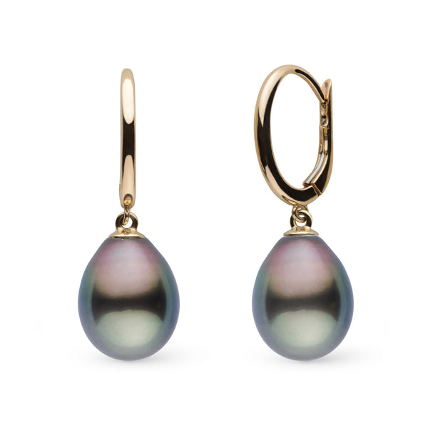 Solid Eternal Collection 10.0-11.0 mm Tahitian Drop Pearl Earrings featuring lustrous dark Tahitian pearls suspended from polished yellow gold hoops, elegant and timeless design.