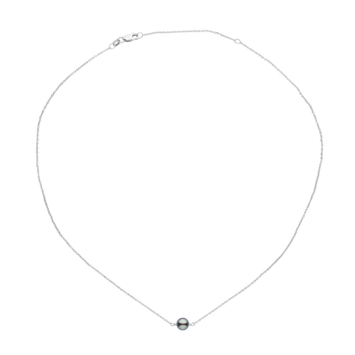 Delicate 8.0-9.0 mm Tahitian Pearl Solitaire Pendant featuring a single dark cultured pearl on a fine white gold chain, embodying timeless elegance and sophistication.