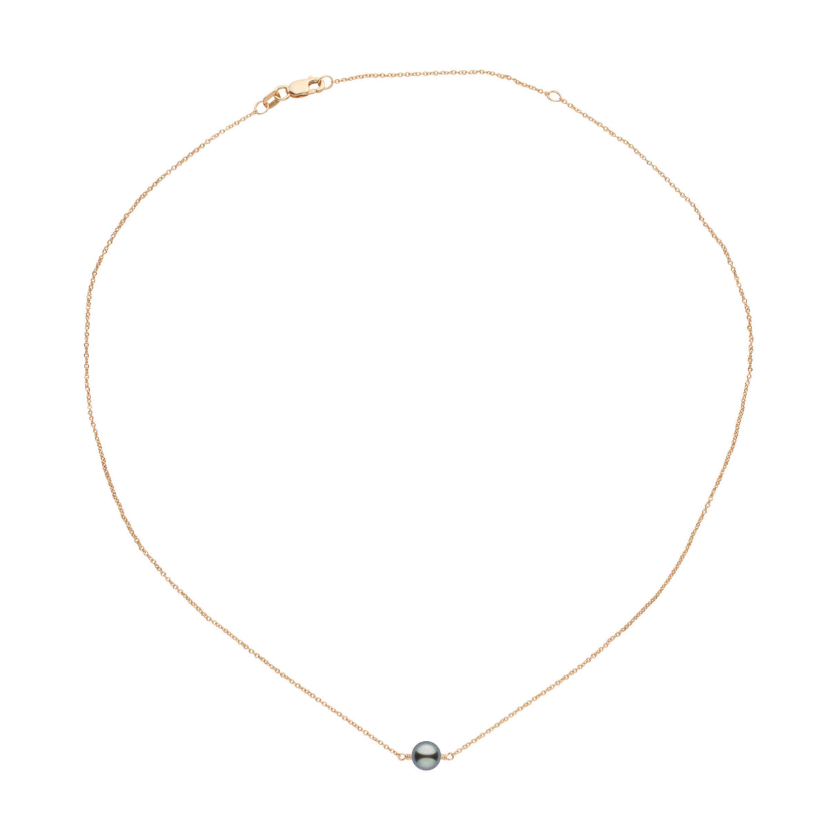 Delicate 8.0-9.0 mm Tahitian Pearl Solitaire Pendant necklace featuring a single dark grey tahitian pearl on an elegant yellow gold chain.