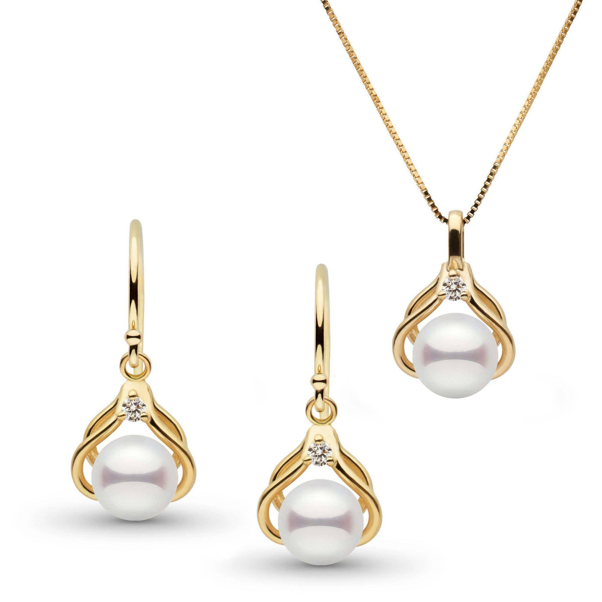 Tiara Collection Akoya Pearl and Diamond Pendant and Earrings Set yellow gold