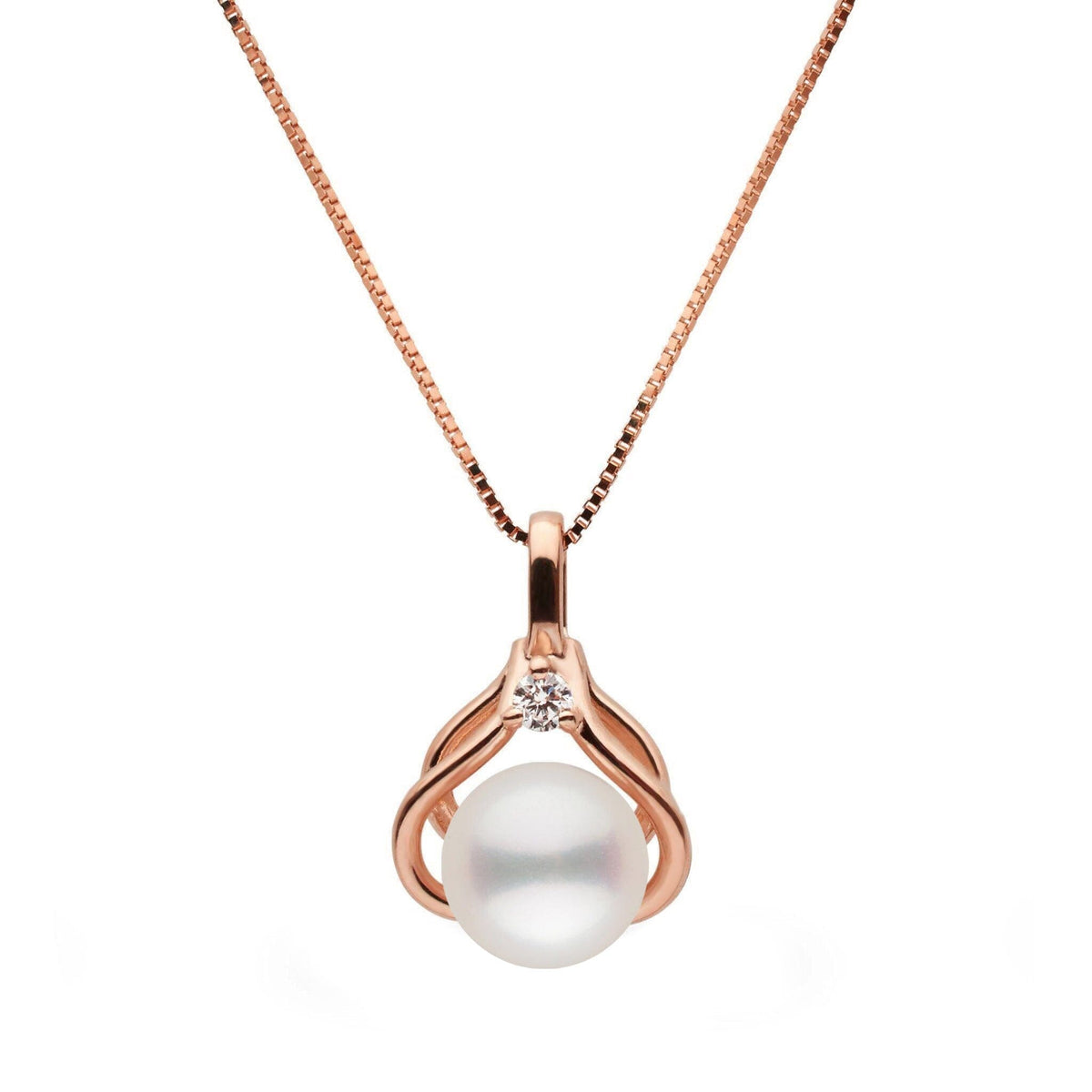 Tiara Collection 6.5-7.0 mm White Freshadama Pearl and Diamond Pendant featuring a lustrous white pearl set in rose gold with a sparkling diamond accent on a delicate chain.