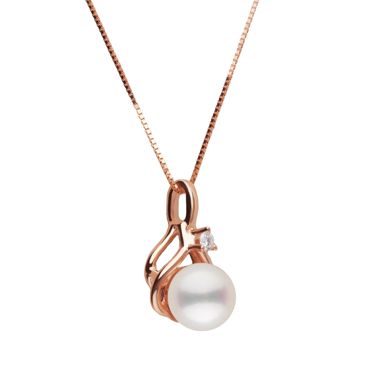 Tiara Collection 6.5-7.0 mm White Freshadama Pearl and Diamond Pendant featuring a lustrous white pearl set in a delicate rose gold setting with a small sparkling diamond.