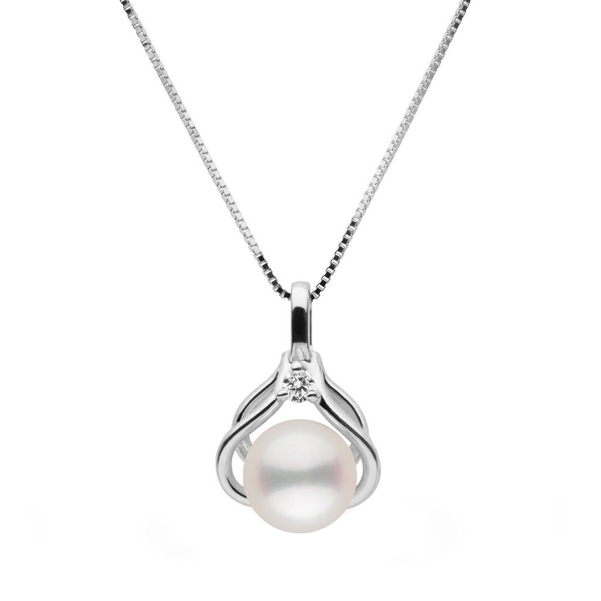 Tiara Collection 6.5-7.0 mm White Freshadama Pearl and Diamond Pendant featuring a lustrous white pearl set in a delicate 14K white gold chain with a sparkling diamond accent.