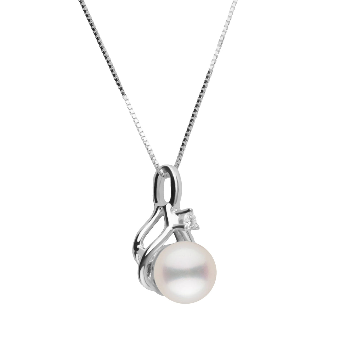 Tiara Collection 6.5-7.0 mm White Freshadama Pearl and Diamond Pendant featuring a lustrous white pearl set in a delicate 14K white gold setting with a small sparkling diamond accent.