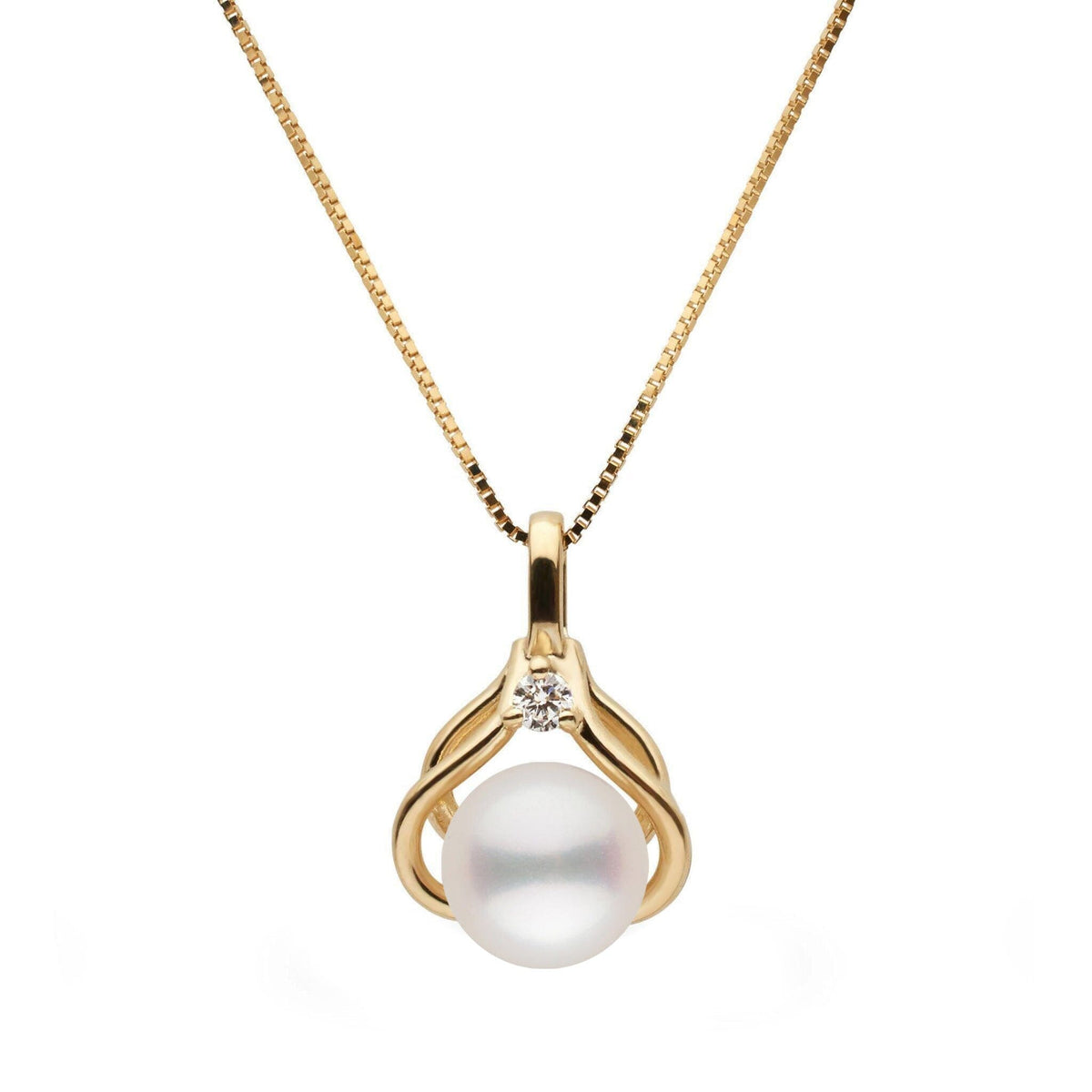 Tiara Collection 6.5-7.0 mm White Freshadama Pearl and Diamond Pendant featuring a white pearl set in a delicate gold setting with a small diamond accent on a gold chain.