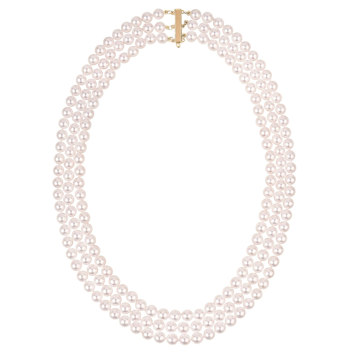 6.0-6.5 mm Triple Strand White Akoya AAA Pearl Necklace yellow gold