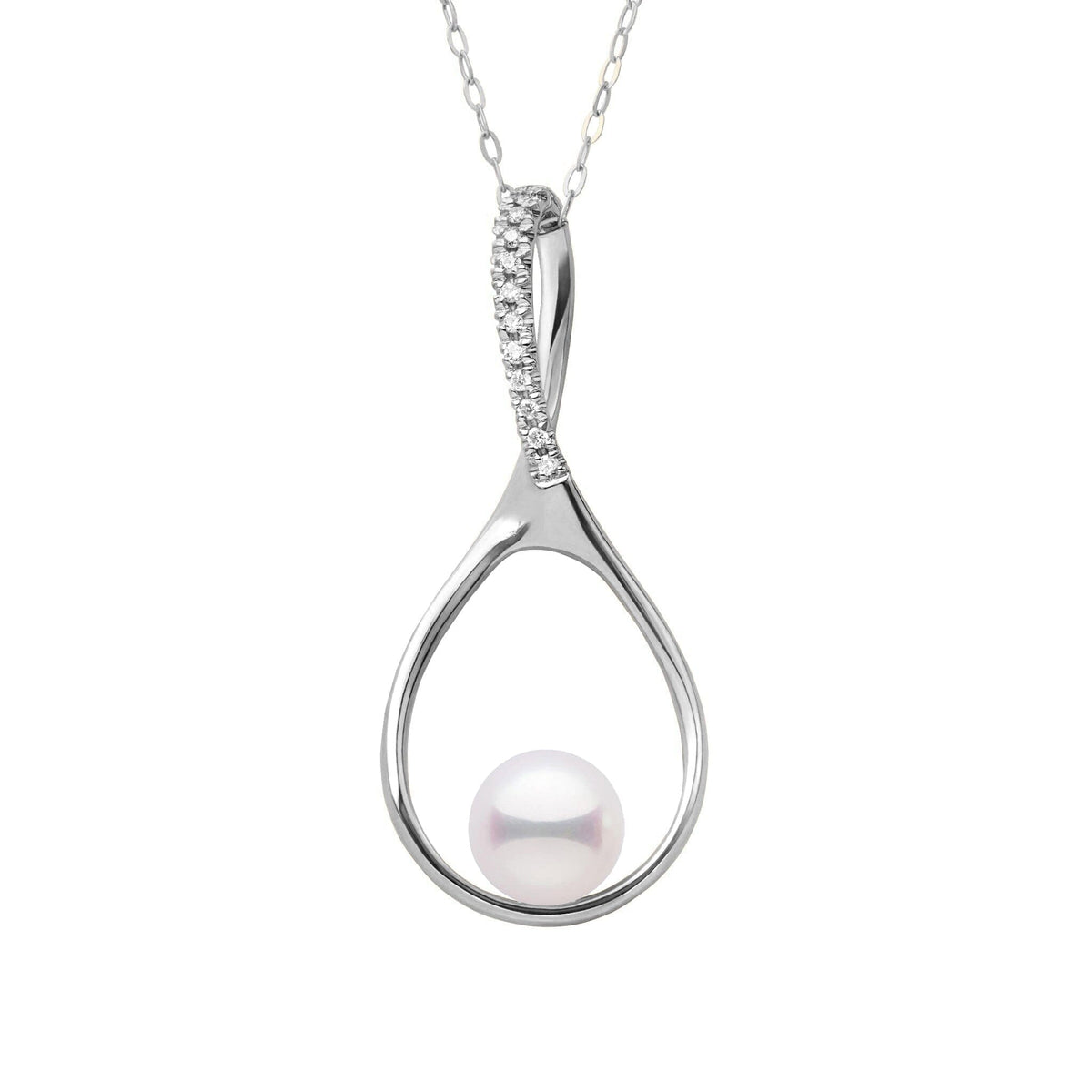 Wishbone Collection 6.5-7.0 mm Akoya Pearl and Diamond Pendant featuring a polished 14K white gold wishbone design accented with sparkling diamonds and a lustrous white Akoya pearl centerpiece.