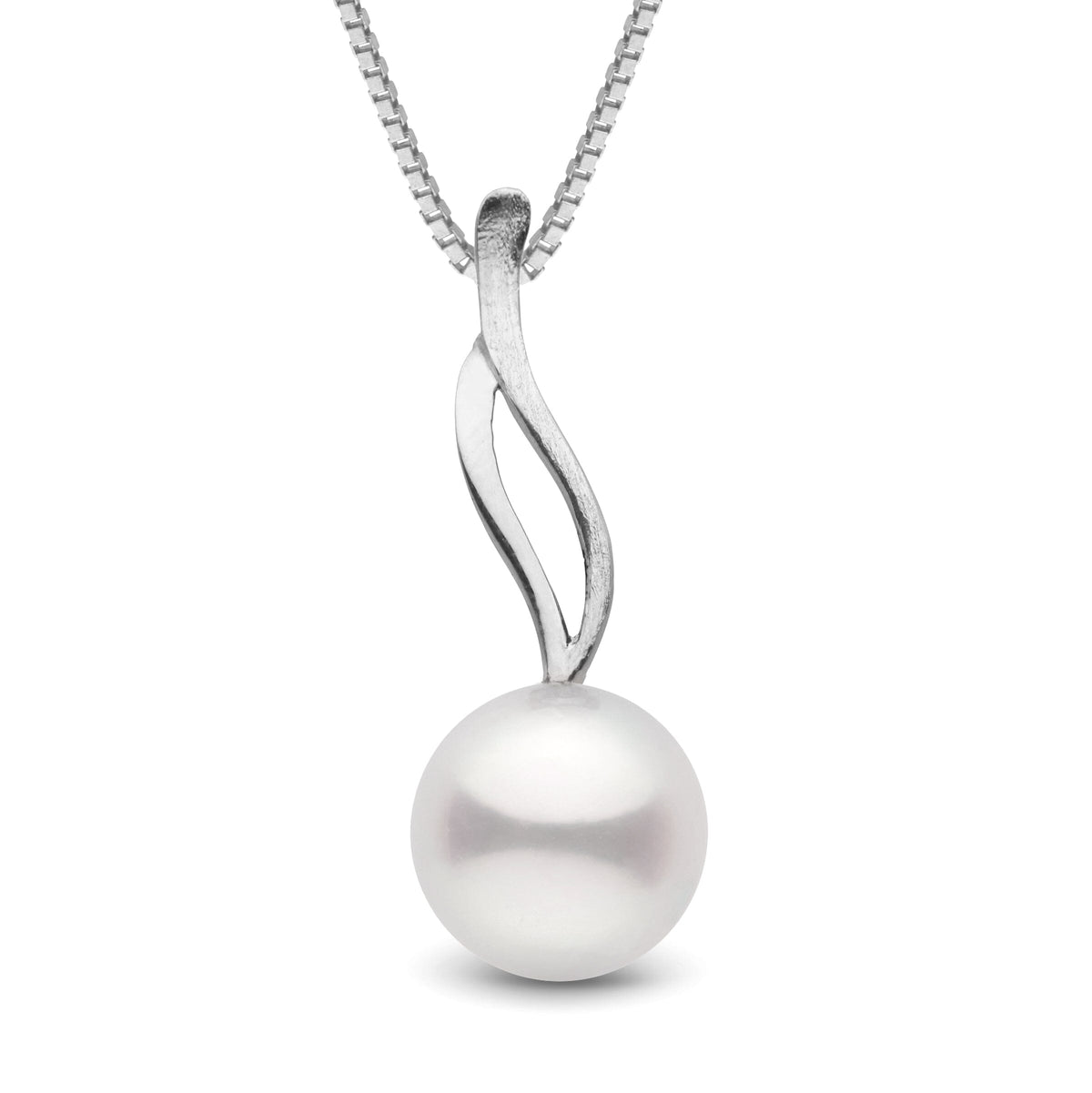 Wisp Collection 10.0-11.0 mm Freshadama Pearl Pendant featuring a round white freshwater pearl with a sleek 14K white gold modern swirl design on a fine chain.
