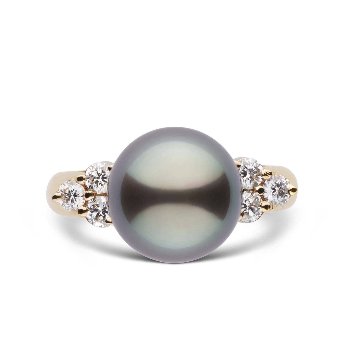 Close-up of an elegant Always Collection 10.0-11.0 mm Tahitian Pearl and Diamond Ring featuring a large dark Tahitian pearl flanked by sparkling diamonds on a gold band.