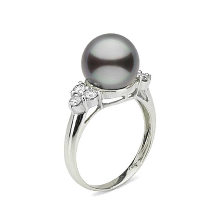 Always Collection 10.0-11.0 mm Tahitian Pearl and Diamond Ring featuring a lustrous dark Tahitian pearl set on a sleek 14K white gold band accented with sparkling diamonds.