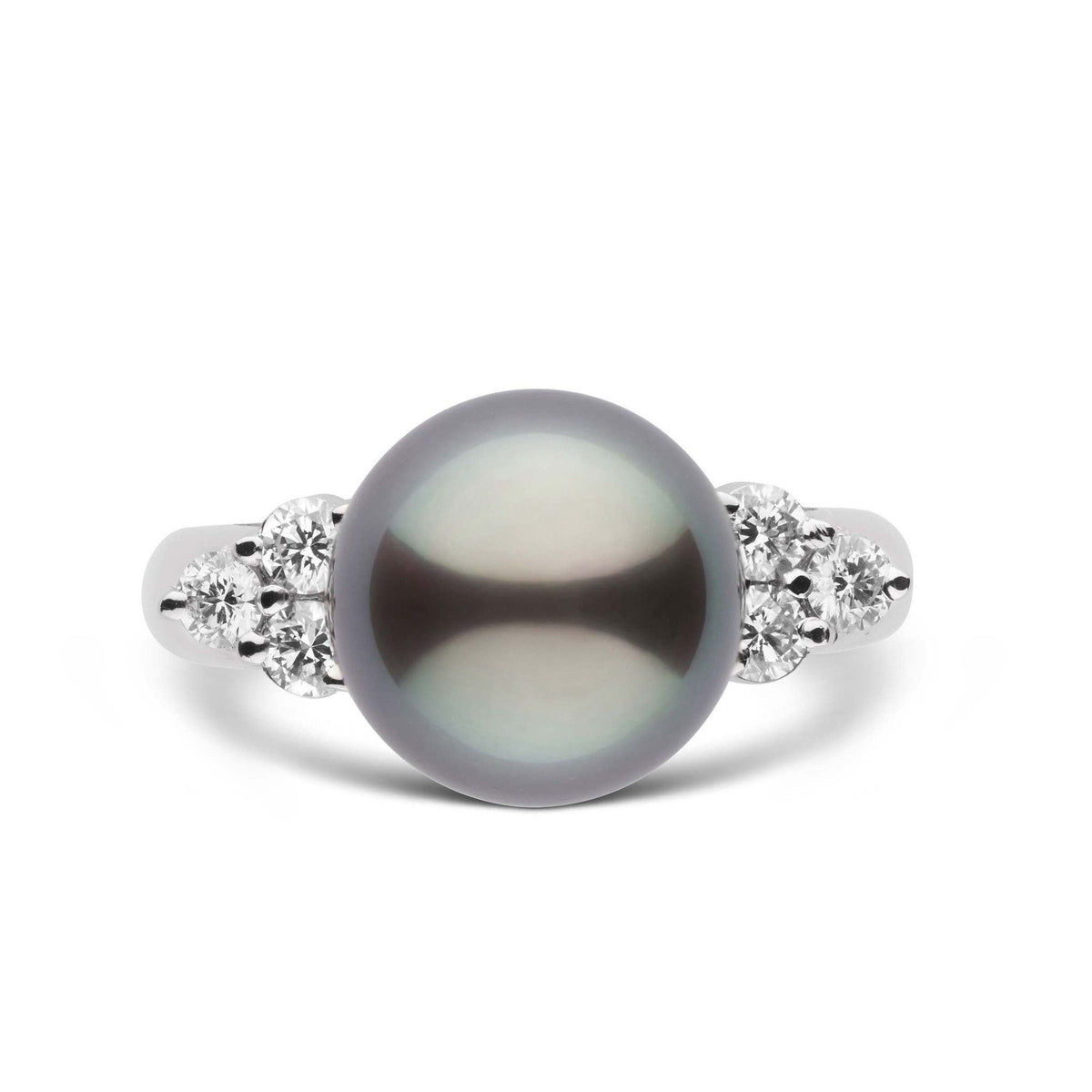 Always Collection 10.0-11.0 mm Tahitian Pearl and Diamond Ring featuring a large dark Tahitian pearl centerpiece flanked by sparkling diamonds on a polished band.