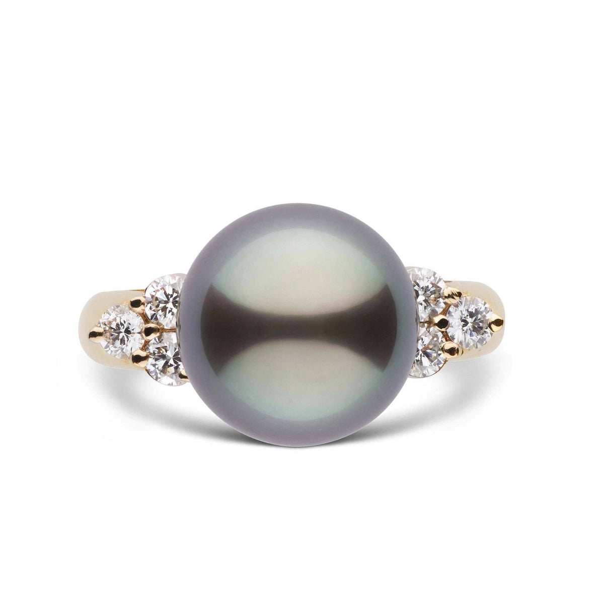 Always Collection 11.0-12.0 mm Tahitian Pearl and Diamond Ring featuring a large dark Tahitian pearl set in a gold band accented by sparkling round diamonds on each side.
