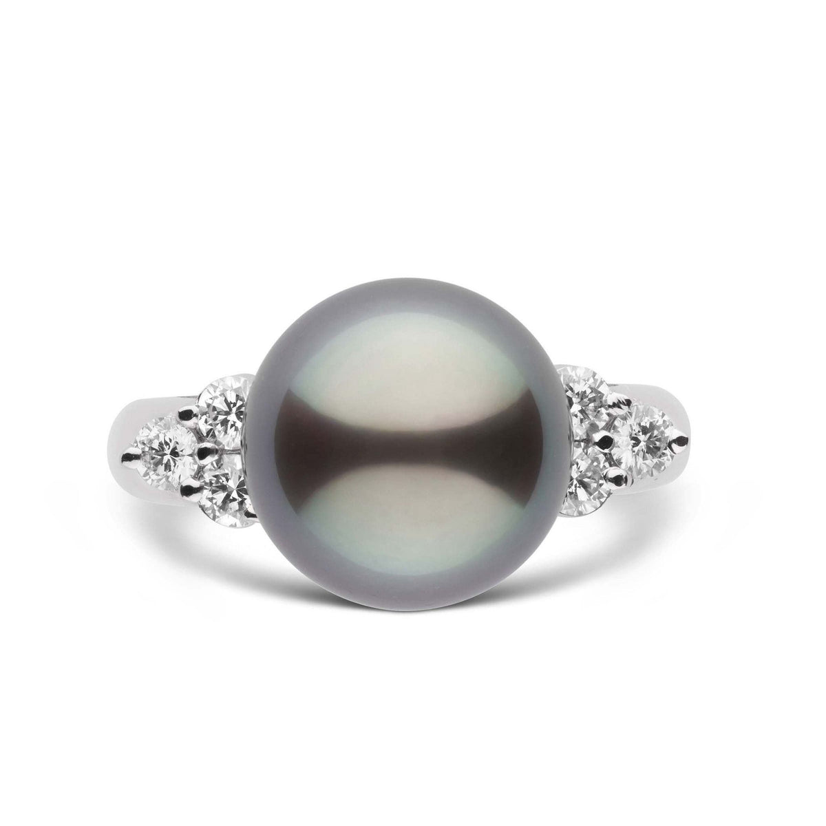 Always Collection 11.0-12.0 mm Tahitian Pearl and Diamond Ring featuring a lustrous dark Tahitian pearl flanked by sparkling round diamonds in a polished white metal setting.
