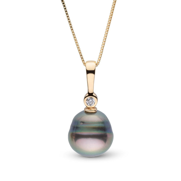 Aspire Collection 8.0-9.0 mm Baroque Tahitian Pearl & Diamond Pendant featuring a uniquely shaped dark Tahitian pearl set in gold with a single sparkling diamond accent on a delicate gold chain.