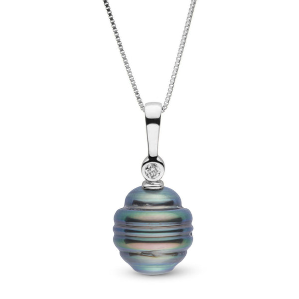 Aspire Collection 9.0-10.0 mm Baroque Tahitian Pearl & Diamond Pendant featuring a uniquely ribbed dark Tahitian pearl with an elegant diamond accent on a 14K white gold chain.