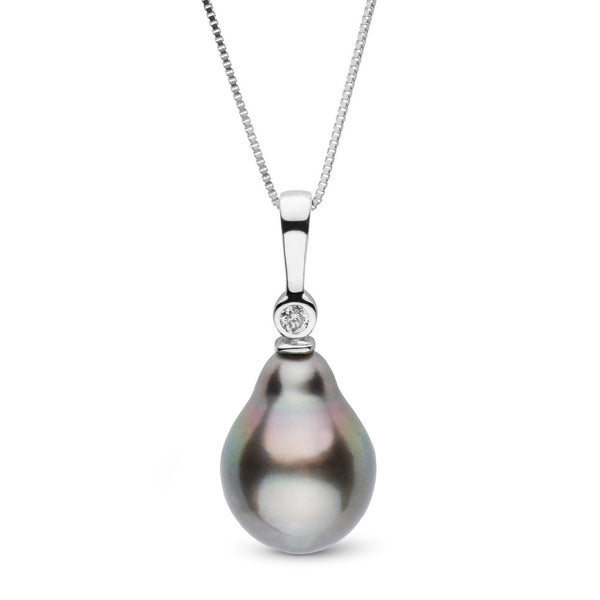 Elegant Aspire Collection 11.0-12.0 mm Drop Tahitian Pearl & Diamond Pendant featuring a lustrous black Tahitian pearl with subtle overtones and a sparkling diamond set in white gold.