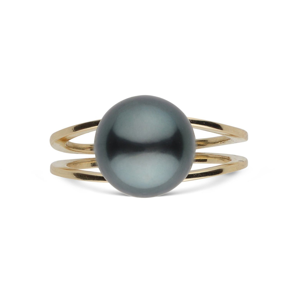 Bridge Collection 10.0-11.0 mm Tahitian Pearl Ring featuring a large dark Tahitian pearl set on a sleek, elegant gold band with minimalist split design.