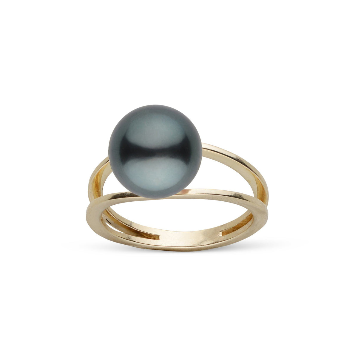 Bridge Collection 10.0-11.0 mm Tahitian Pearl Ring featuring a lustrous dark Tahitian pearl set on a sleek yellow gold band with a modern open design.