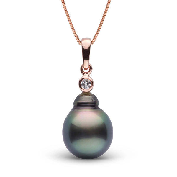 Brilliant Collection 11.0-12.0 mm Tahitian Baroque Pearl and Diamond Pendant featuring a unique dark Tahitian pearl with a single sparkling diamond set in rose gold on a delicate chain.