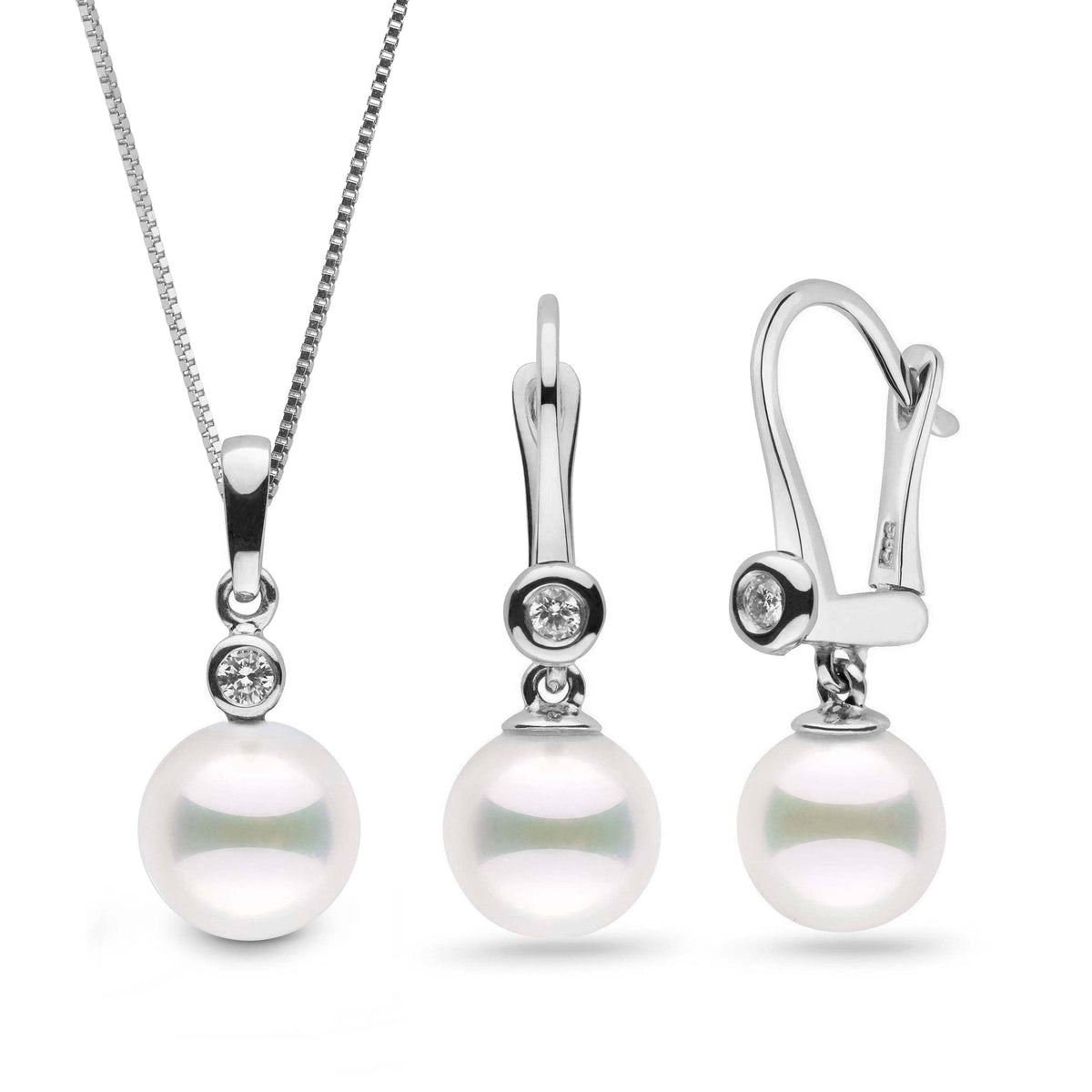 Brilliant Romantic Akoya 8.0-8.5 mm Pearl & Diamond Pendant and Earrings Set white gold