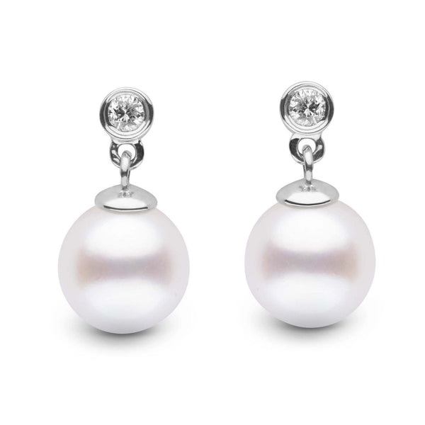 Brilliant Collection White Freshadama 7.5-8.0 mm Pearl & Diamond Earrings featuring round white pearls suspended from sparkling diamond studs in a sleek, elegant design.
