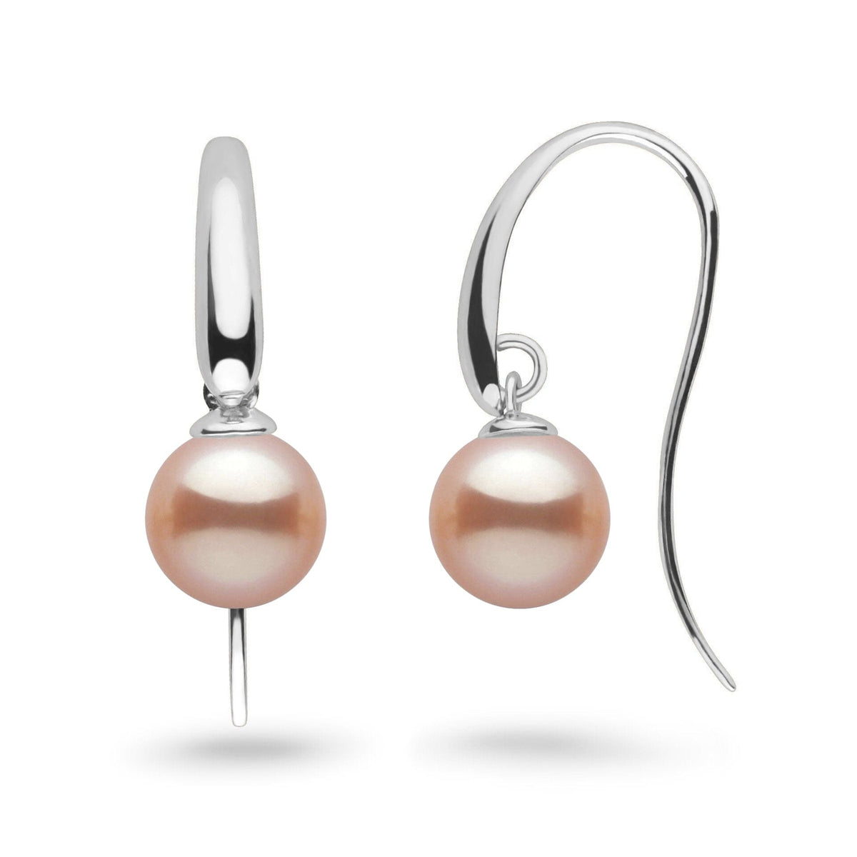 Cascade Collection 8.5-9.0 mm Pink Freshadama Pearl Earrings featuring lustrous pink freshwater pearls set on sleek 14K white gold hooks, elegant and timeless pearl earrings.
