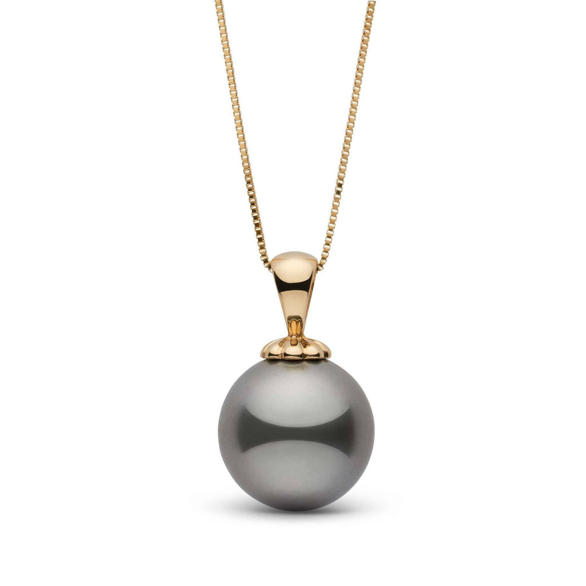 Classic Collection 10.0-11.0 mm Tahitian Pearl Pendant featuring a lustrous dark gray Tahitian pearl set with a polished gold bail on a delicate gold chain.