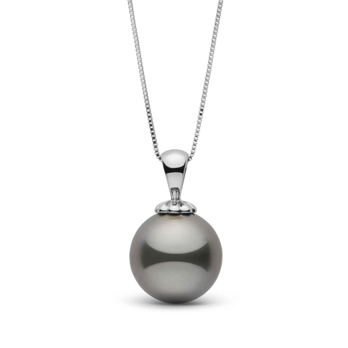 Classic Collection 10.0-11.0 mm Tahitian Pearl Pendant featuring a single large grey Tahitian pearl with a polished 14K white gold bail on a delicate 14K white gold chain.