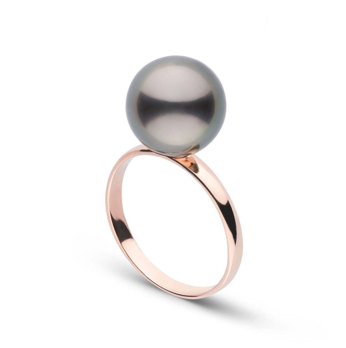 Classic Collection 10.0-11.0 mm Tahitian Pearl Ring featuring a large lustrous gray-black pearl set on a simple elegant rose gold band, highlighting the beauty of cultured tahitian pearls.