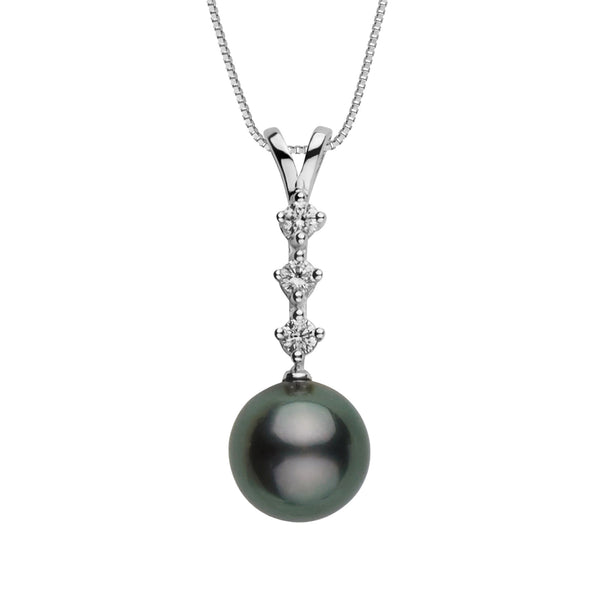 9.0-10.0 mm Tahitian Pearl and Diamond Luminary Pendant featuring a dark cultured pearl with a vertical row of sparkling diamonds on a fine chain.