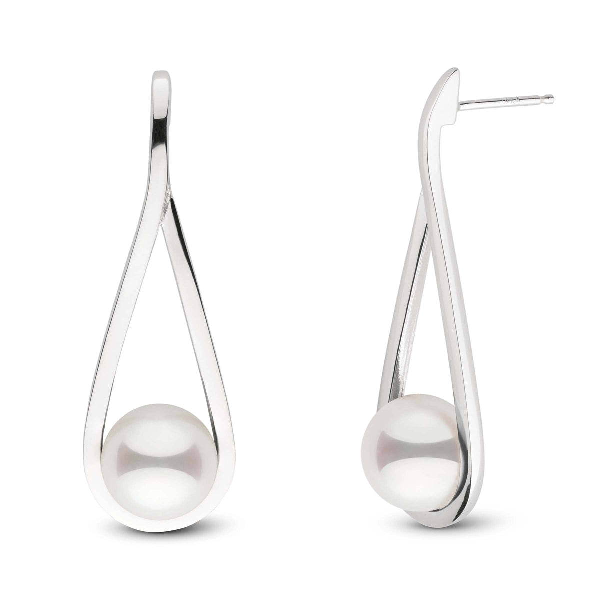 Cradle Collection 8.0-8.5 mm Akoya Pearl Earrings featuring lustrous white akoya pearls set in elegant, polished 14K white gold drop-shaped settings for a timeless and sophisticated look.