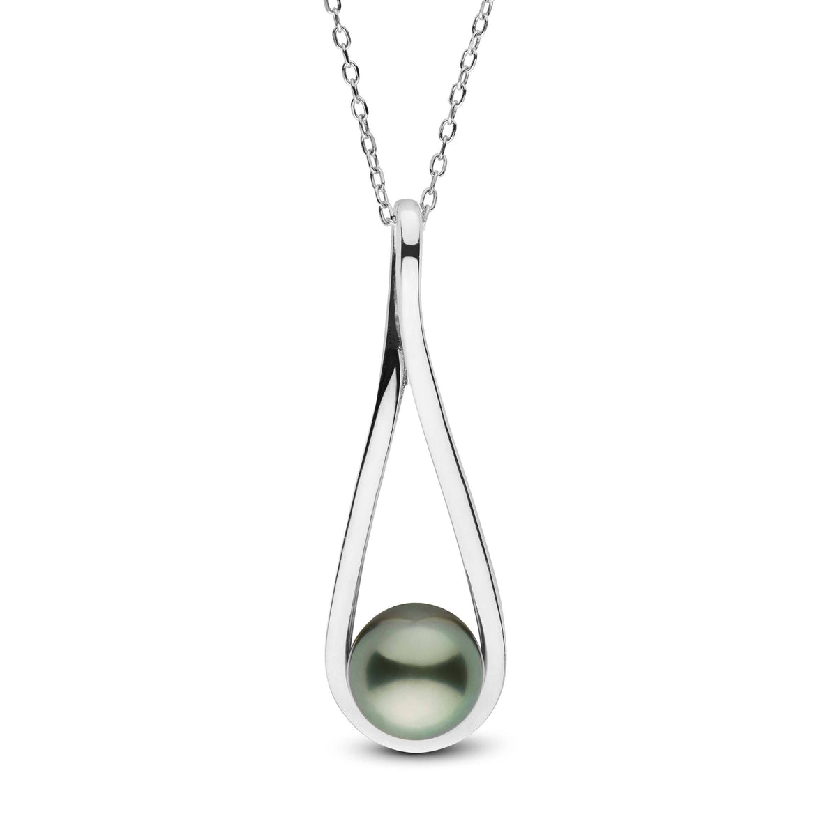 Cradle Collection 8.0-9.0 mm Tahitian Pearl Pendant featuring a lustrous dark green Tahitian pearl suspended in an elegant 14K white gold teardrop-shaped setting on a delicate chain.
