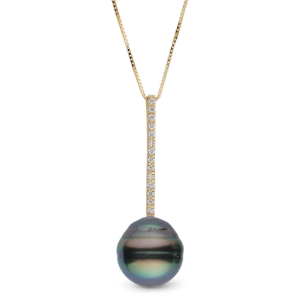 Diamond Bar Collection 11.0-12.0 mm Tahitian Baroque Pearl Pendant featuring an irregularly shaped black Tahitian pearl with a vertical gold bar set with small sparkling diamonds.